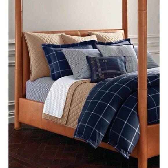 Ralph Lauren Modern Equestrian Windowpane Full/Queen Duvet Cover Navy Cream - Picture 1 of 3